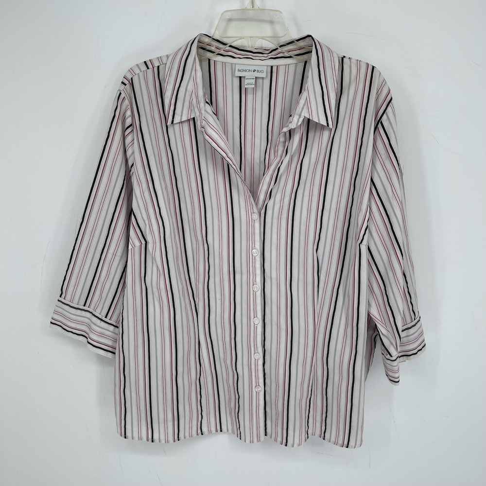 Fashion Bug Women's Y2K White Striped Button Front 3/4 Sleeve Blouse Size 22-24W